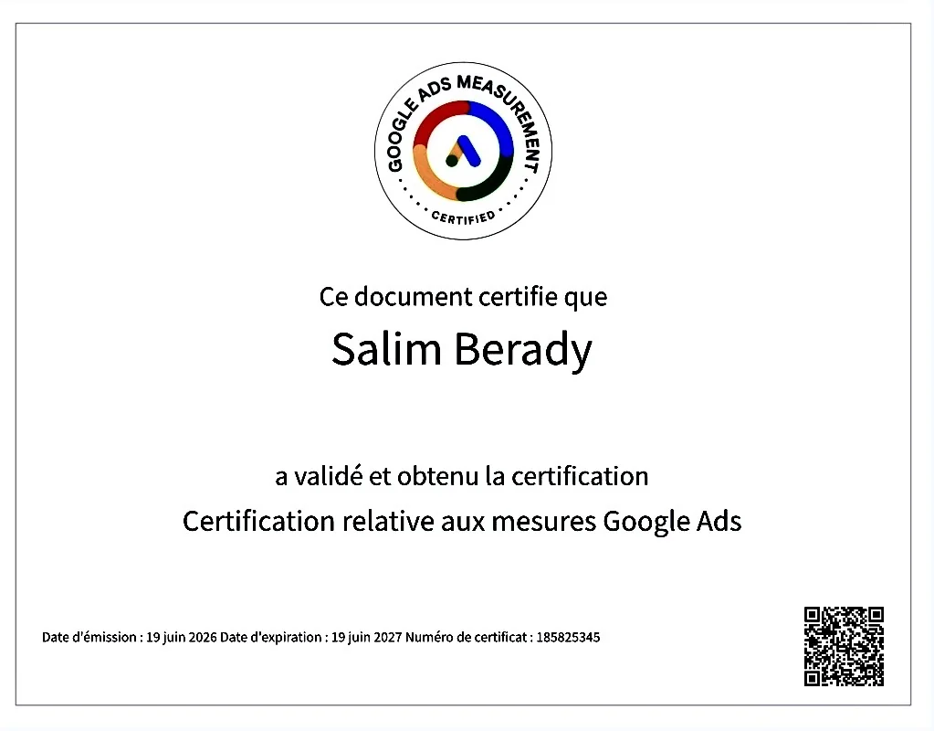 Certification Google Ads Measurement — Salim Berady