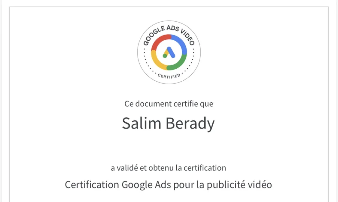 Certification Google Ads Video — Salim Berady
